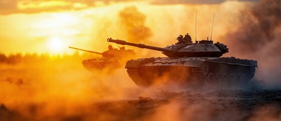 Destroyed tanks on a battlefield, smoke and debris, aftermath of a fierce battle