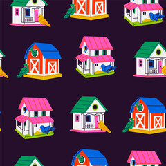 Fototapeta premium Wooden Bird Houses. Colorful bird feeders. Look like real house, barn. Cartoon style. Birdhouse, nest, home for birds, garden decoration. Hand drawn Vector Illustration. Square seamless Pattern