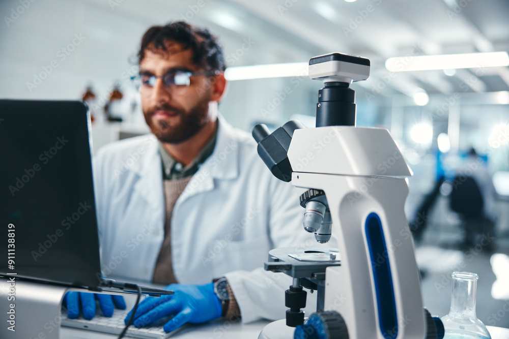 Poster laptop, microscope and science with man in laboratory for development, innovation or research. compu
