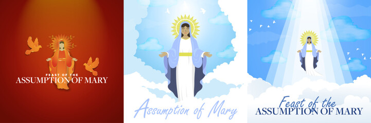The Feast of the Assumption of the Blessed Virgin Mary Greeting Card Poster Set. Image of the blessed virgin Mary ascending into heaven on background of the blue sky. Red Gold Metal silhouette of Mary