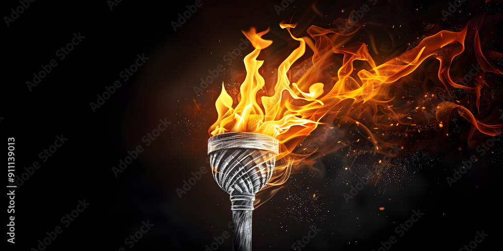Poster an animated hand-drawn olympic torch with a fiery flame in a monochrome scribble style stop motion. 