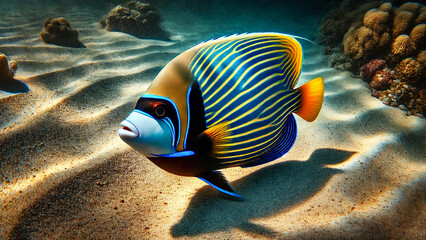 Emperor Angelfish against a sandy seabed