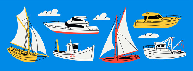 Various boats and ships, ocean transport. Sailing ship, tugboat, wind sail boat, yacht, fishing and speed boat. Hand drawn Vector illustration. Cartoon style. Isolated design elements