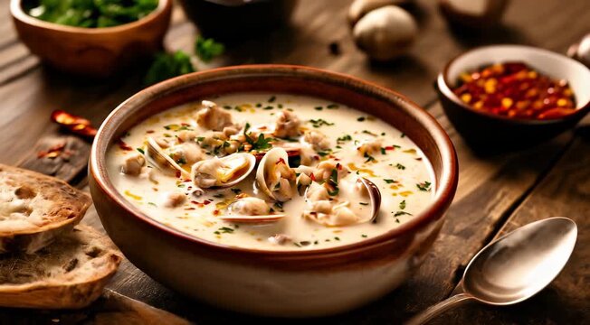 A close-up view of a bowl of creamy clam chowder garnished with parsley and red pepper flakes, served with slices of bread, spoon on the side.