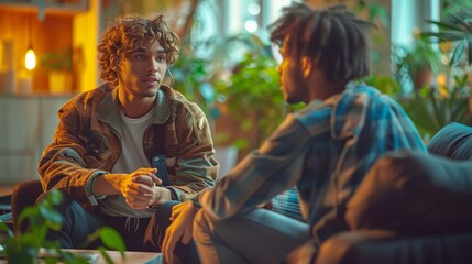 Young Men Engaged in Deep Conversation in a Cozy Indoor Setting Surrounded by Plants