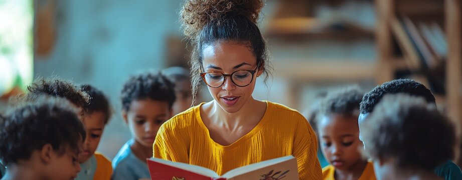 A teacher reading a book aloud to a group of young students