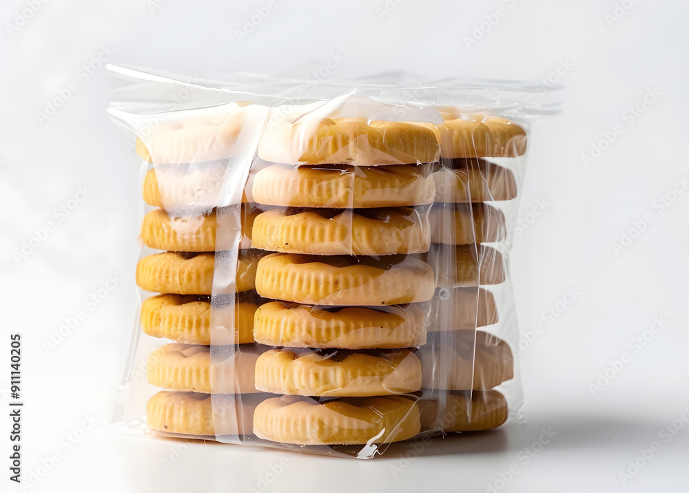 Sticker Freshly baked golden biscuits neatly arranged in a stack, packaged in a transparent plastic wrapper, isolated on a pure white background, with a clean minimalist aesthetic.