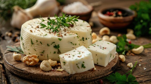 Close up view of homemade Adyghe cheese with herbs nuts and condiments on a wooden table