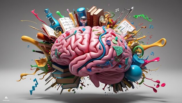 Concept art of a human brain exploding with knowledge and creativity. The brain should be depicted in a highly detailed and realistic style, with vibrant colors and dynamic elements bursting from it.