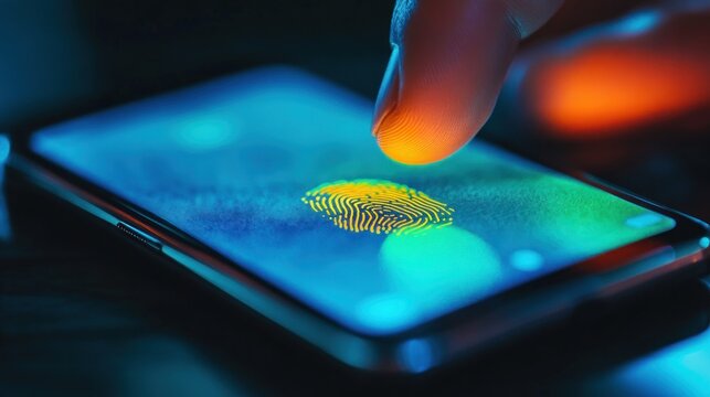 Finger touching a fingerprint reader on a smartphone screen