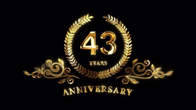 43rd Anniversary Celebration. Happy 43 Years Anniversary Animation in Gold Color on the Transparent Background, Alpha Channel. Great for greetings, celebrations, events, and gifts.
