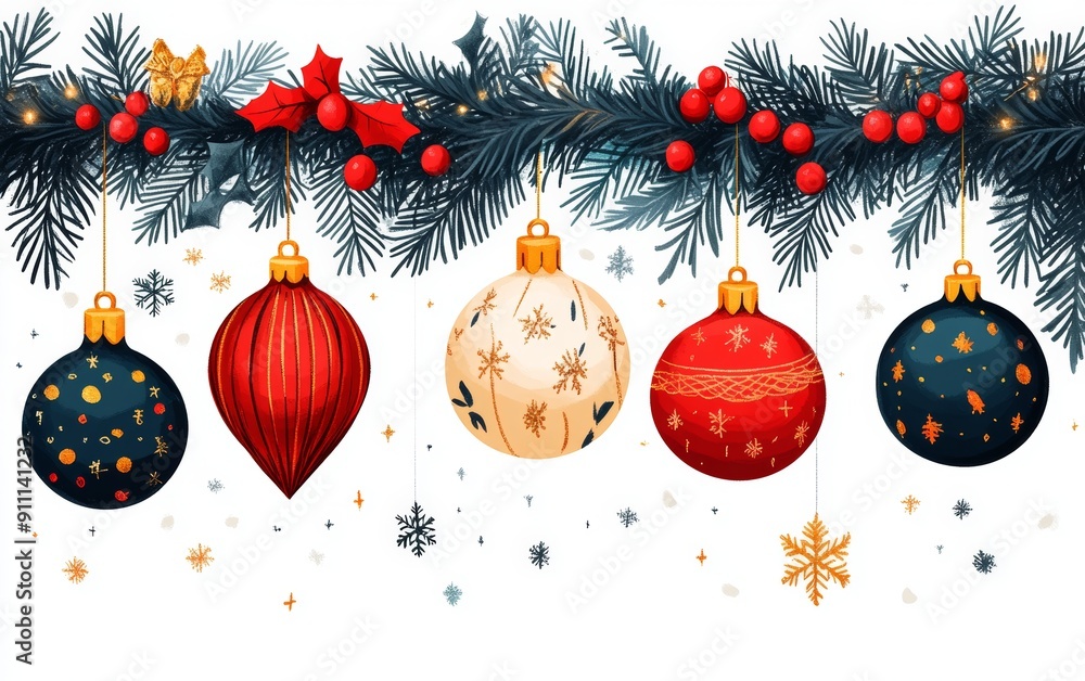 Poster Vibrant Christmas ornaments hanging on a pine branch, perfect for festive decor and holiday celebrations.