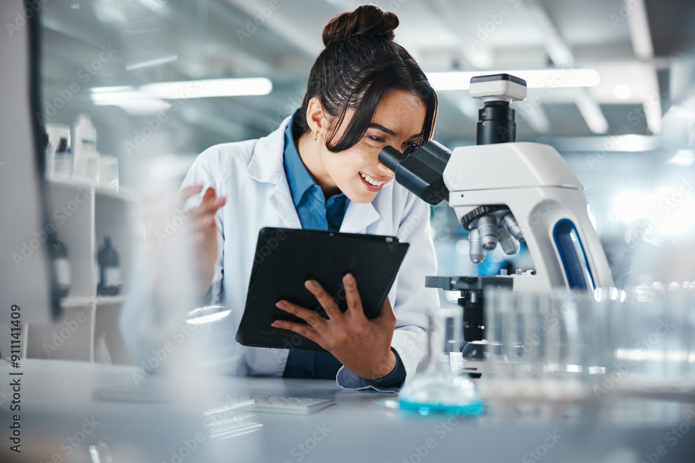 Aufkleber Woman, scientist and microscope with tablet in lab for experiment research, medical data and science information. Smile, researcher and digital for biotechnology study, feedback and vaccine solution