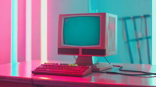 Retro Computer with Digital Glitch Effects and Neon Lighting in Vaporwave Style.
