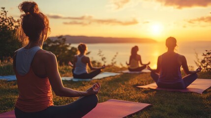 Group of people practicing yoga outdoors on mats with a scenic sunset background
