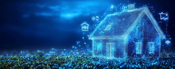 Wireframe home illustration with digital technology icons on a blue glowing background