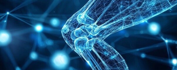 Digital illustration of a wireframe knee joint with blue highlights in a futuristic design