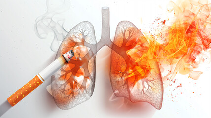 A powerful illustration of a cigarette burning through transparent lungs, symbolizing the harmful effects of smoking, lung damage, and health risks.
