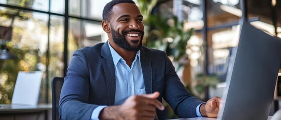 Calm broker reassuring clients over a virtual meeting, emphasizing online mortgage consultations, digital finance