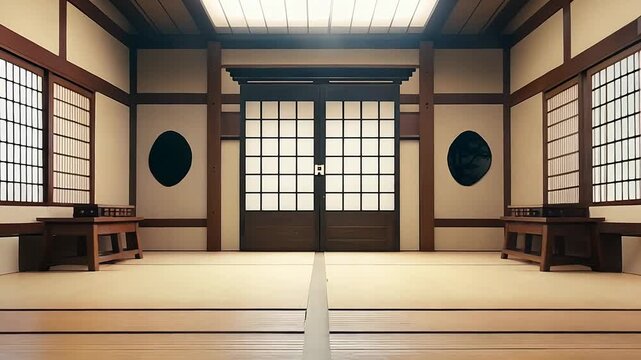 Spacious well lit room for martial arts practicing. Traditional interior for dojo or karate school hall. Indoor background.