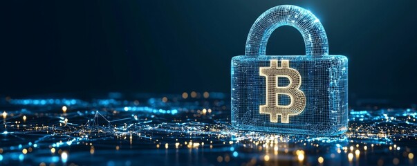Wireframe padlock with Bitcoin symbol illustrating cryptocurrency security and blockchain technology