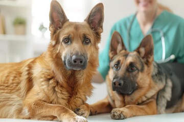 Dog and cat and pet nurse waiting or veterinarian in veterinary clinic. Gray adult cat and golden retriever undergoing a preventive check-up
