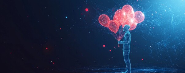 Wireframe person holding glowing red balloons in a digital environment