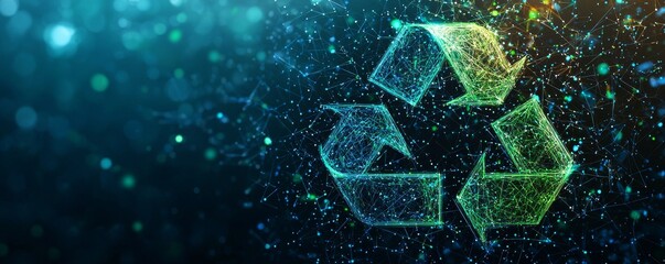 Futuristic wireframe recycling symbol with a glowing digital network background