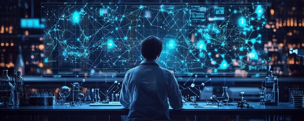 Researcher analyzing data on futuristic display in high-tech laboratory