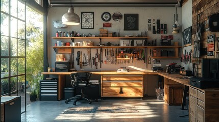 Home office in a converted garage with industrial decor, large workbench, and tools, perfect for a maker or DIY enthusiast