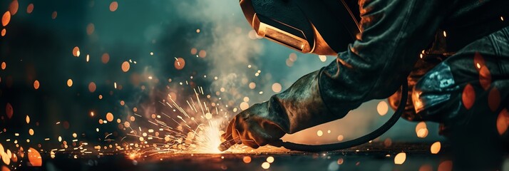 A worker in full protective gear emits bright sparks as he welds, emphasizing the skilled craftsmanship required in metalworking.