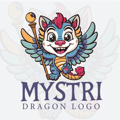 Cute MysTri Dragon Mascot Logo, Whimsical Blue and Green Dragon Logo, Friendly Winged Dragon Mascot