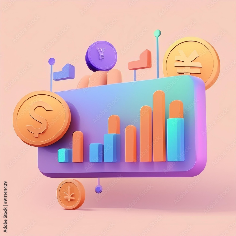 Poster 3d illustration of financial data analysis with cryptocurrencies and bar chart on a pastel backgroun
