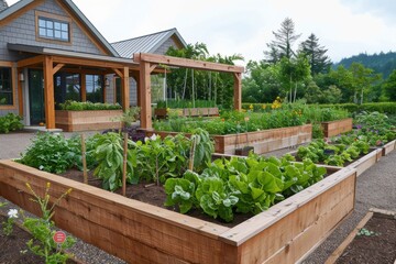 Lush vegetable garden with raised beds and beautiful flower borders in a backyard. Gardening and agriculture concept.