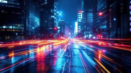 Obraz premium Long exposure shot of city lights at night, with trails of car headlights and vibrant colors creating a dynamic and energetic scene
