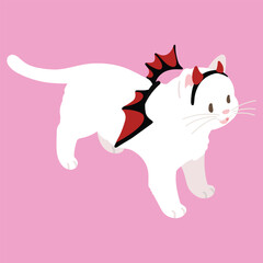 Simple and adorable Halloween illustration of White Cat with devil wings flat colored