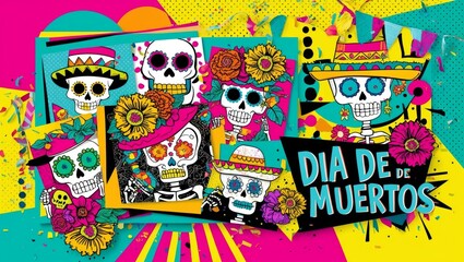Fototapeta premium A lively display of sugar skulls celebrating Dia de Muertos with bright colors and flowers