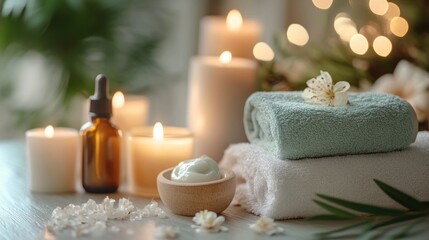 Luxurious scene of a spa setup with essential oils, candles, and face masks