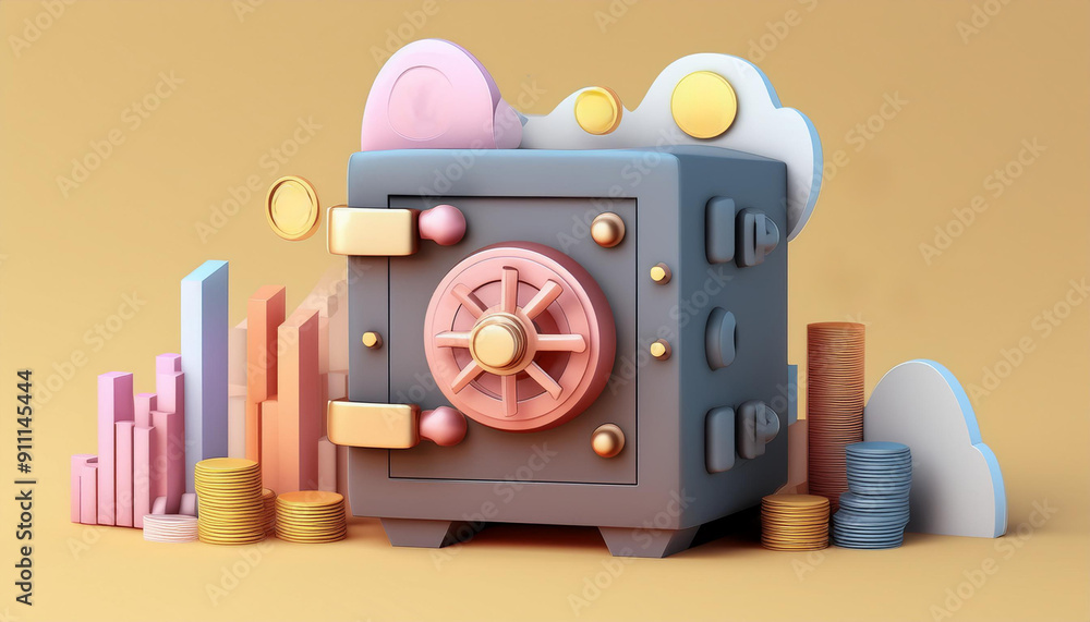 Poster stylized 3d illustration of a secure safe surrounded by stacked coins and colorful charts, represent