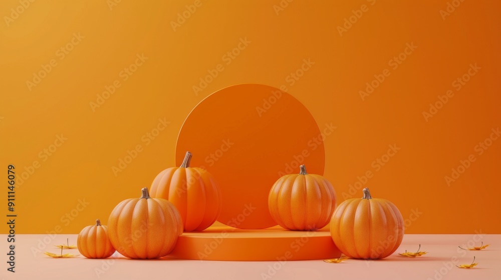 Poster a display of pumpkins on a table with a round orange background
