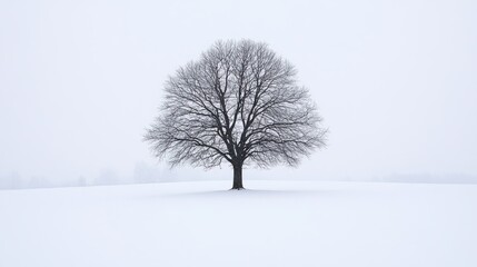 Minimalist photograph of a lone tree in a vast snowy landscape