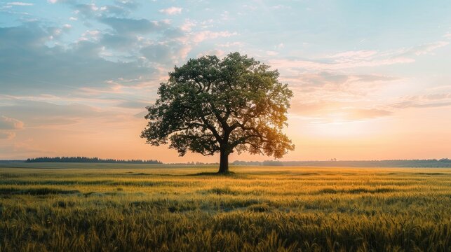 Isolated tree in field at sunset