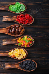 Group of dried and candied fruit in bowl