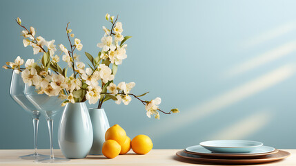 Pastel color dining room minimal decor light yellow and pale blue, interior art and design space illustration