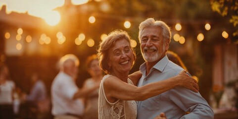 Happy senior couple dancing. Middleaged peope dancing at an outdoor party. Outdoor wedding party