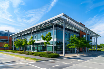 Obraz premium Modern corporate office building with sleek glass facade and lush green surroundings, surrounded by a large empty parking lot with neat lanes and spaces.