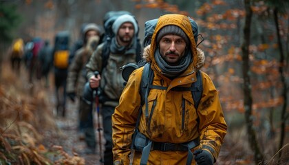 Group of friends from different ethnicities hiking in the woods