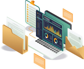 Isometric illustration of analyst's laptop and documents