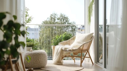Fototapeta premium Cozy Balcony Retreat with Wicker Chair and Lush Greenery