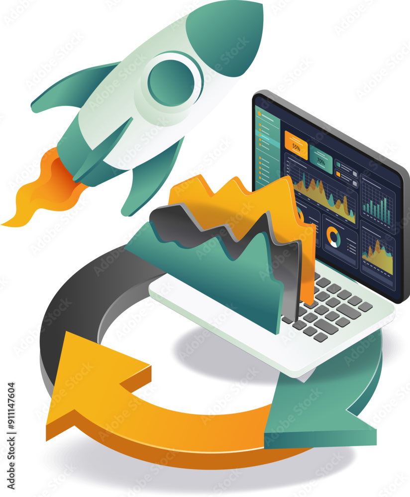 Poster laptop computer with rocket on top, symbolizing innovation and technology advancement